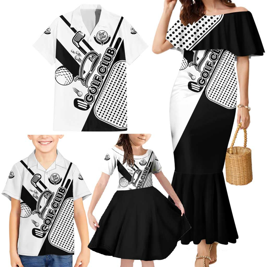Golf Club Monochrome Design Family Matching Mermaid Dress and Hawaiian Shirt with Golf Ball and Club Graphic and Custom Name Print - Wonder Print Shop