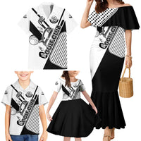 Golf Club Monochrome Design Family Matching Mermaid Dress and Hawaiian Shirt with Golf Ball and Club Graphic and Custom Name Print - Wonder Print Shop