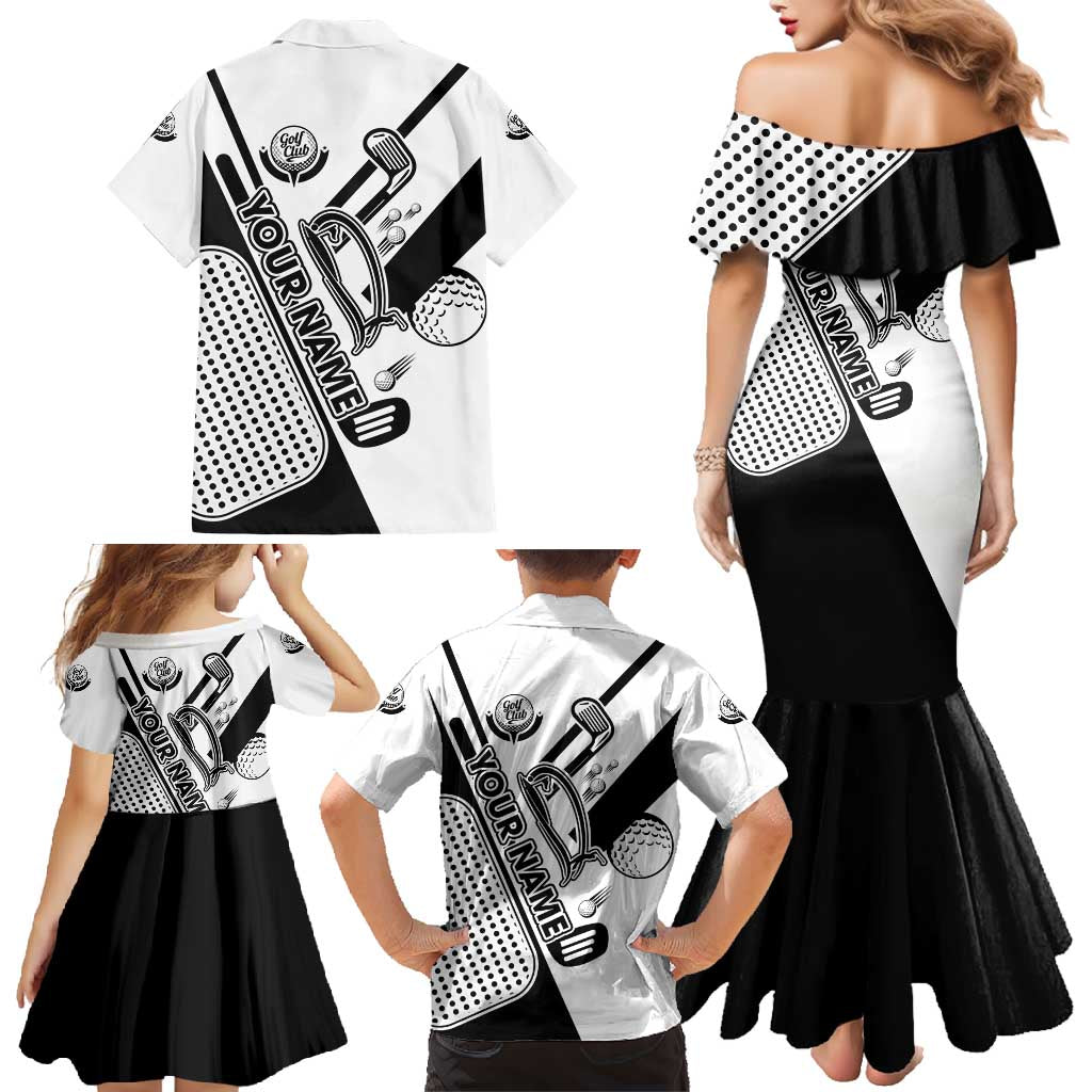 Golf Club Monochrome Design Family Matching Mermaid Dress and Hawaiian Shirt with Golf Ball and Club Graphic and Custom Name Print - Wonder Print Shop