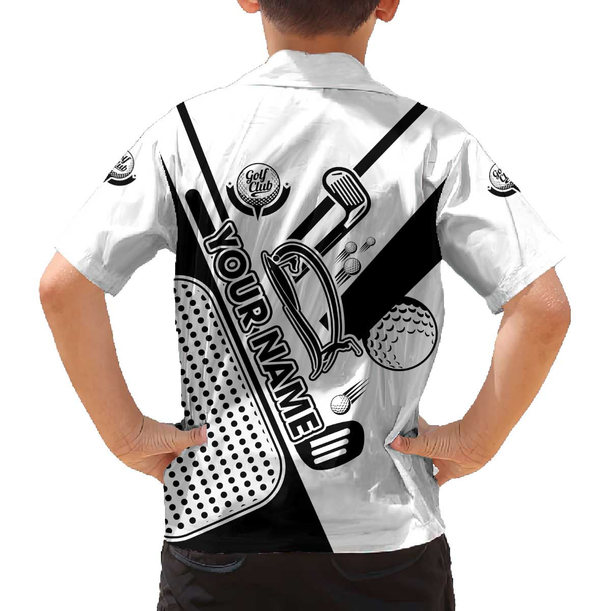 Golf Club Monochrome Design Family Matching Off The Shoulder Long Sleeve Dress and Hawaiian Shirt with Golf Ball and Club Graphic and Custom Name Print - Wonder Print Shop