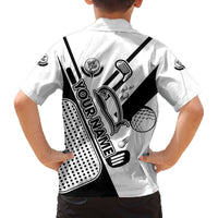 Golf Club Monochrome Design Family Matching Off The Shoulder Long Sleeve Dress and Hawaiian Shirt with Golf Ball and Club Graphic and Custom Name Print - Wonder Print Shop