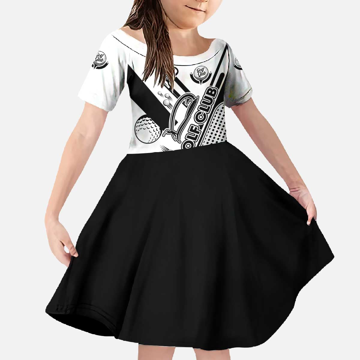 Golf Club Monochrome Design Family Matching Off The Shoulder Long Sleeve Dress and Hawaiian Shirt with Golf Ball and Club Graphic and Custom Name Print - Wonder Print Shop
