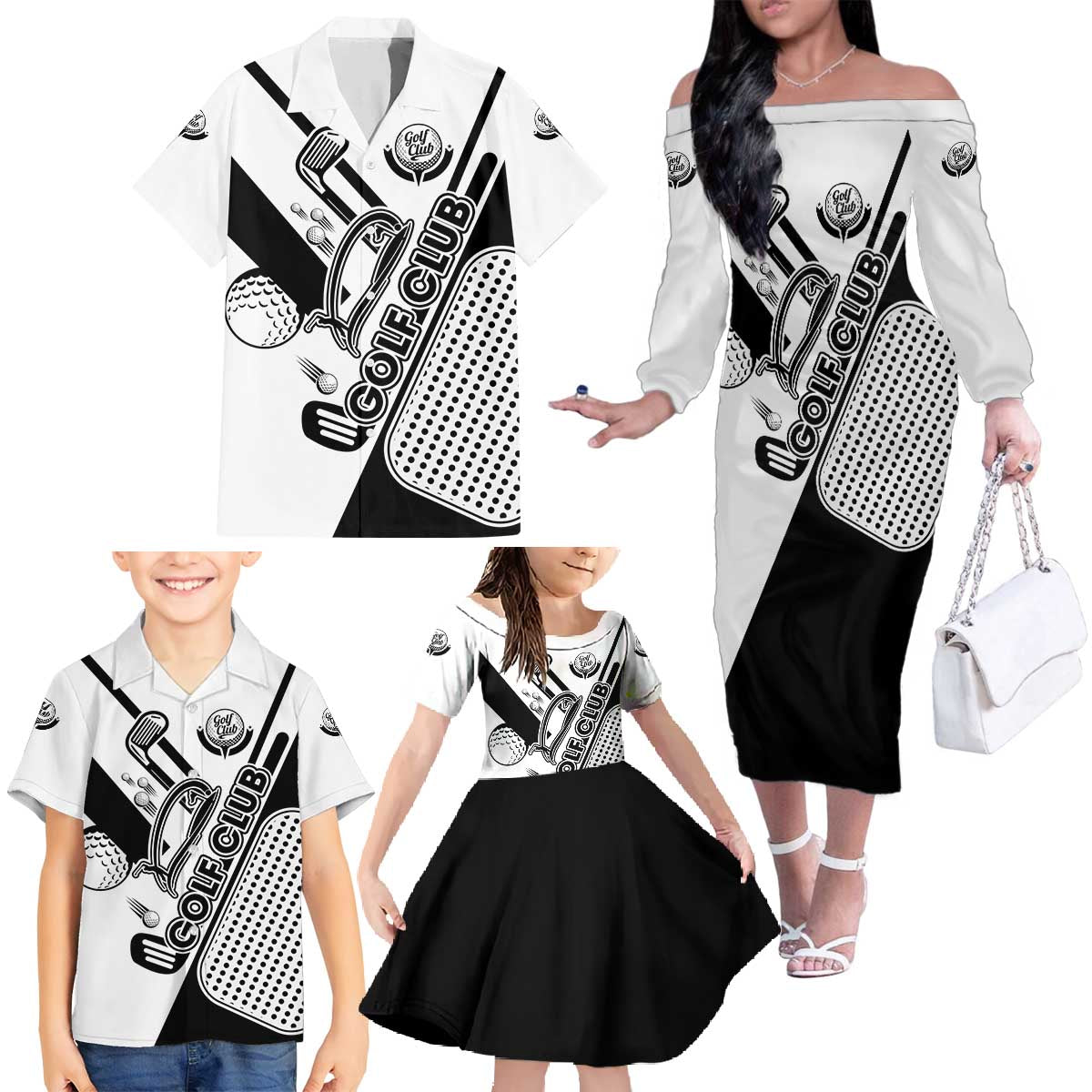Golf Club Monochrome Design Family Matching Off The Shoulder Long Sleeve Dress and Hawaiian Shirt with Golf Ball and Club Graphic and Custom Name Print - Wonder Print Shop