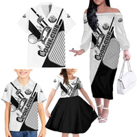 Golf Club Monochrome Design Family Matching Off The Shoulder Long Sleeve Dress and Hawaiian Shirt with Golf Ball and Club Graphic and Custom Name Print - Wonder Print Shop
