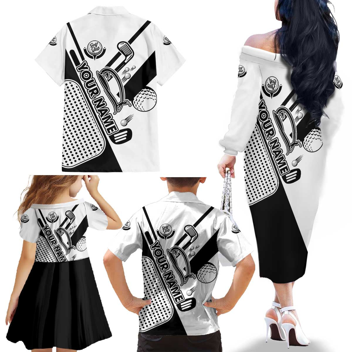 Golf Club Monochrome Design Family Matching Off The Shoulder Long Sleeve Dress and Hawaiian Shirt with Golf Ball and Club Graphic and Custom Name Print - Wonder Print Shop