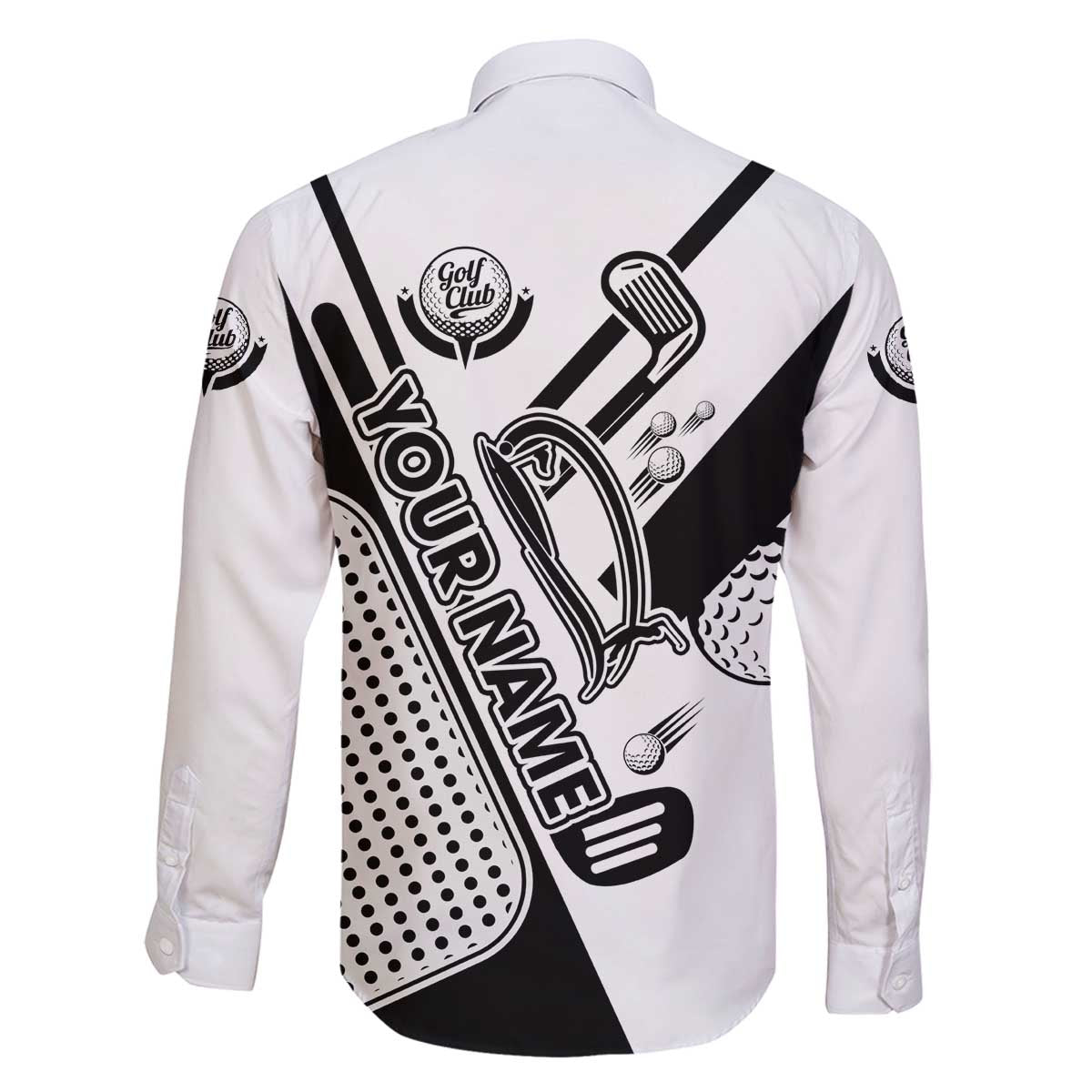 Golf Club Monochrome Design Family Matching Off The Shoulder Long Sleeve Dress and Hawaiian Shirt with Golf Ball and Club Graphic and Custom Name Print - Wonder Print Shop