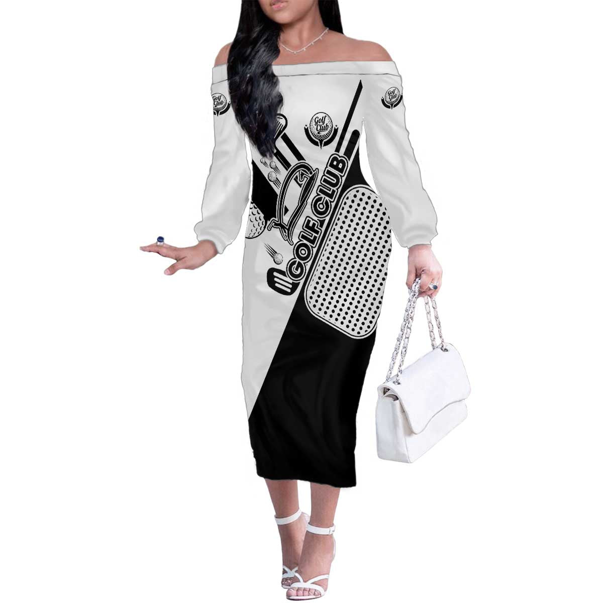 Golf Club Monochrome Design Family Matching Off The Shoulder Long Sleeve Dress and Hawaiian Shirt with Golf Ball and Club Graphic and Custom Name Print - Wonder Print Shop