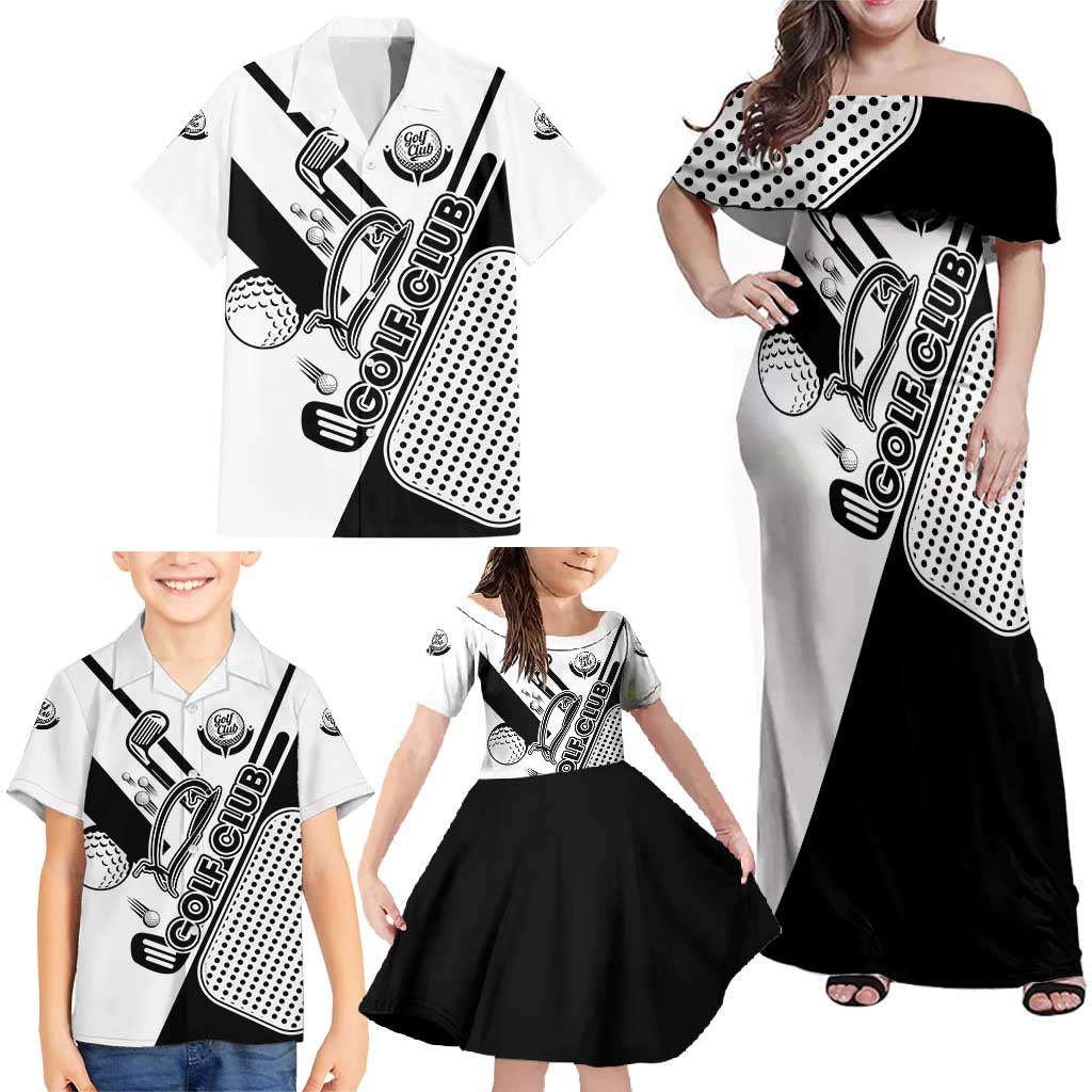 Golf Club Monochrome Design Family Matching Off Shoulder Maxi Dress and Hawaiian Shirt with Golf Ball and Club Graphic and Custom Name Print - Wonder Print Shop