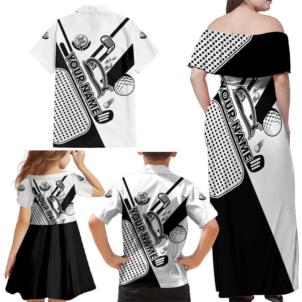 Golf Club Monochrome Design Family Matching Off Shoulder Maxi Dress and Hawaiian Shirt with Golf Ball and Club Graphic and Custom Name Print - Wonder Print Shop