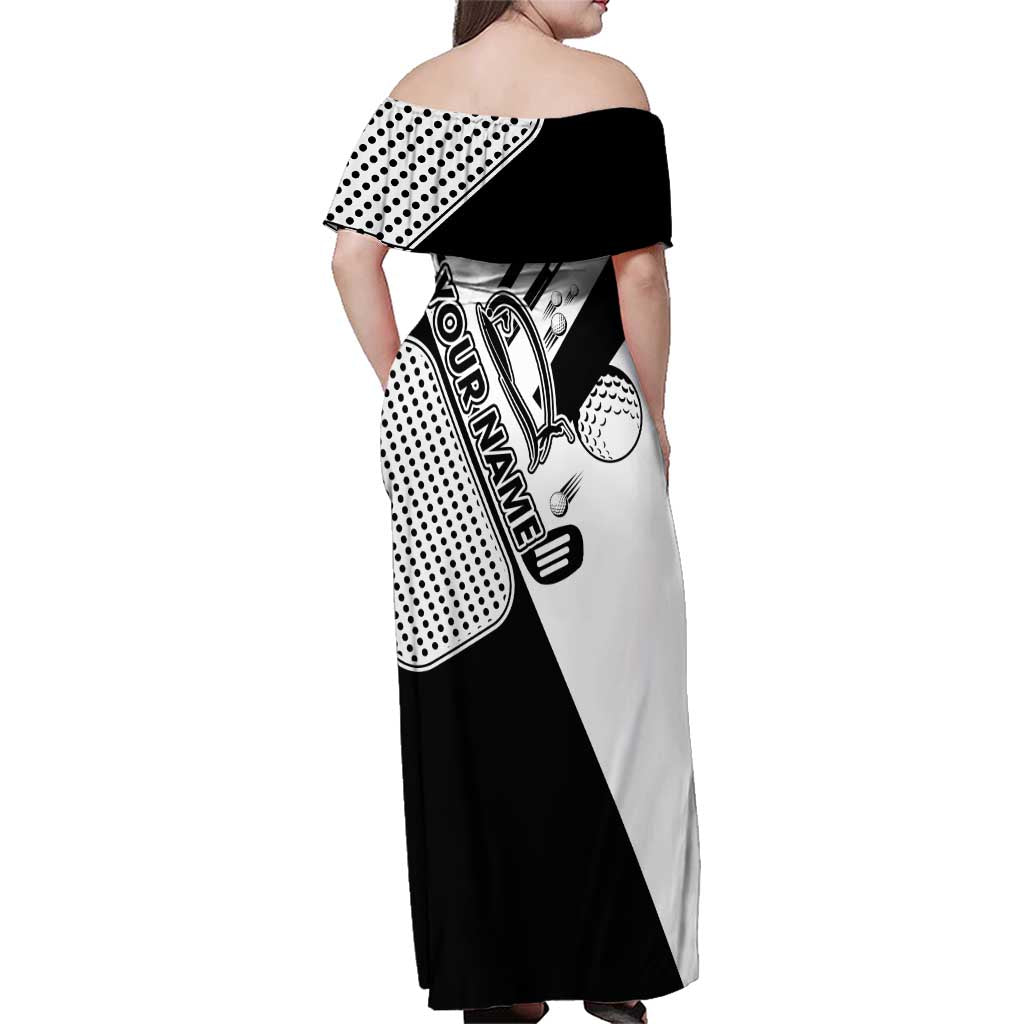 Golf Club Monochrome Design Family Matching Off Shoulder Maxi Dress and Hawaiian Shirt with Golf Ball and Club Graphic and Custom Name Print - Wonder Print Shop