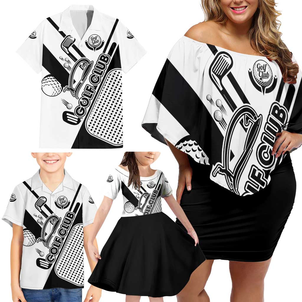 Golf Club Monochrome Design Family Matching Off Shoulder Short Dress and Hawaiian Shirt with Golf Ball and Club Graphic and Custom Name Print - Wonder Print Shop