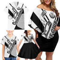 Golf Club Monochrome Design Family Matching Off Shoulder Short Dress and Hawaiian Shirt with Golf Ball and Club Graphic and Custom Name Print - Wonder Print Shop