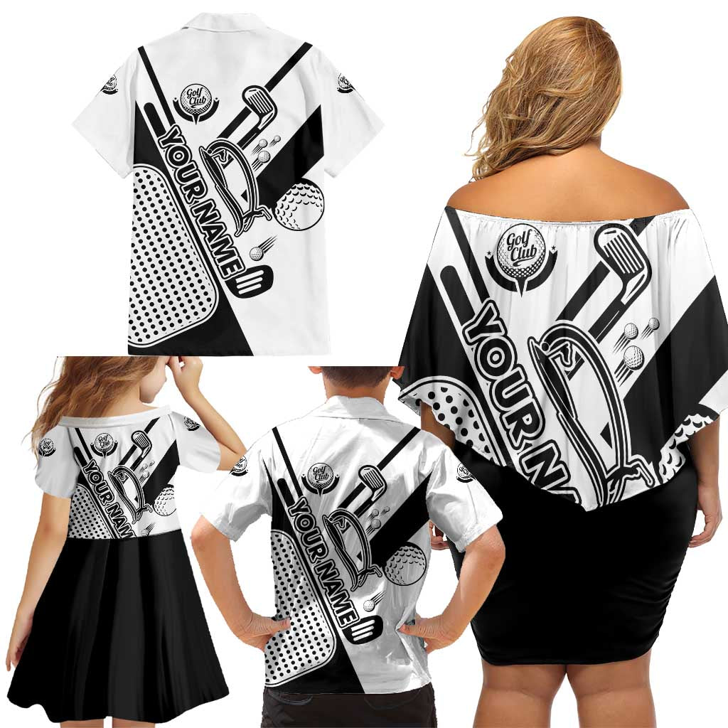 Golf Club Monochrome Design Family Matching Off Shoulder Short Dress and Hawaiian Shirt with Golf Ball and Club Graphic and Custom Name Print - Wonder Print Shop