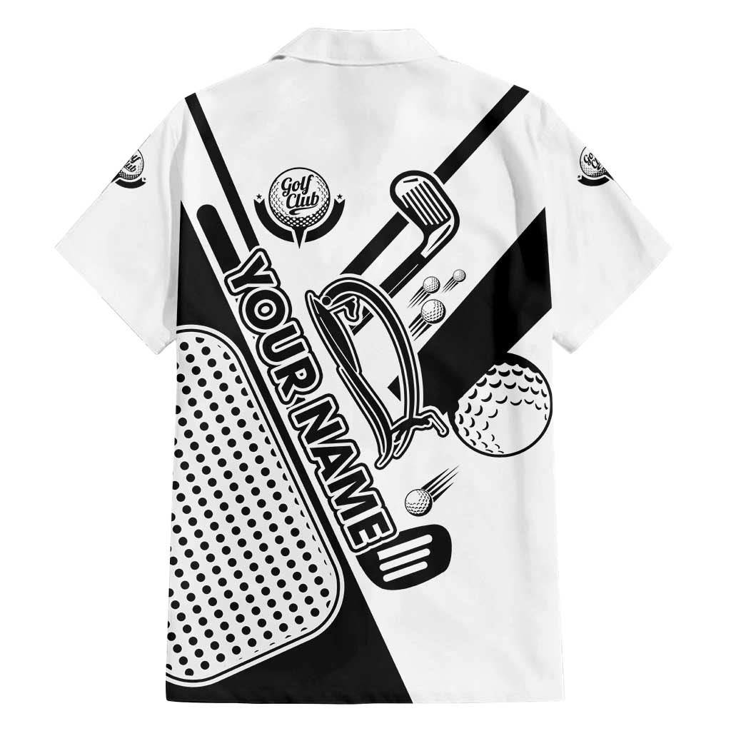 Golf Club Monochrome Design Family Matching Off Shoulder Short Dress and Hawaiian Shirt with Golf Ball and Club Graphic and Custom Name Print - Wonder Print Shop