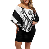 Golf Club Monochrome Design Family Matching Off Shoulder Short Dress and Hawaiian Shirt with Golf Ball and Club Graphic and Custom Name Print - Wonder Print Shop
