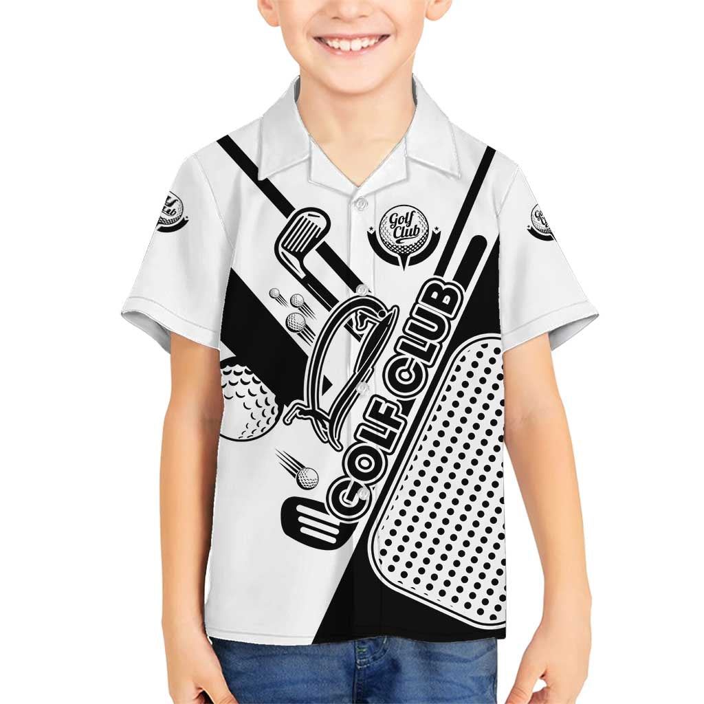 Golf Club Monochrome Design Family Matching Off Shoulder Short Dress and Hawaiian Shirt with Golf Ball and Club Graphic and Custom Name Print - Wonder Print Shop