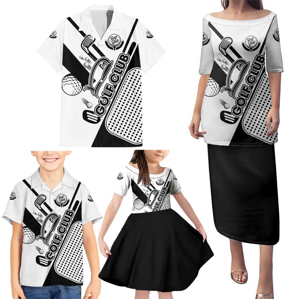 Golf Club Monochrome Design Family Matching Puletasi and Hawaiian Shirt with Golf Ball and Club Graphic and Custom Name Print - Wonder Print Shop