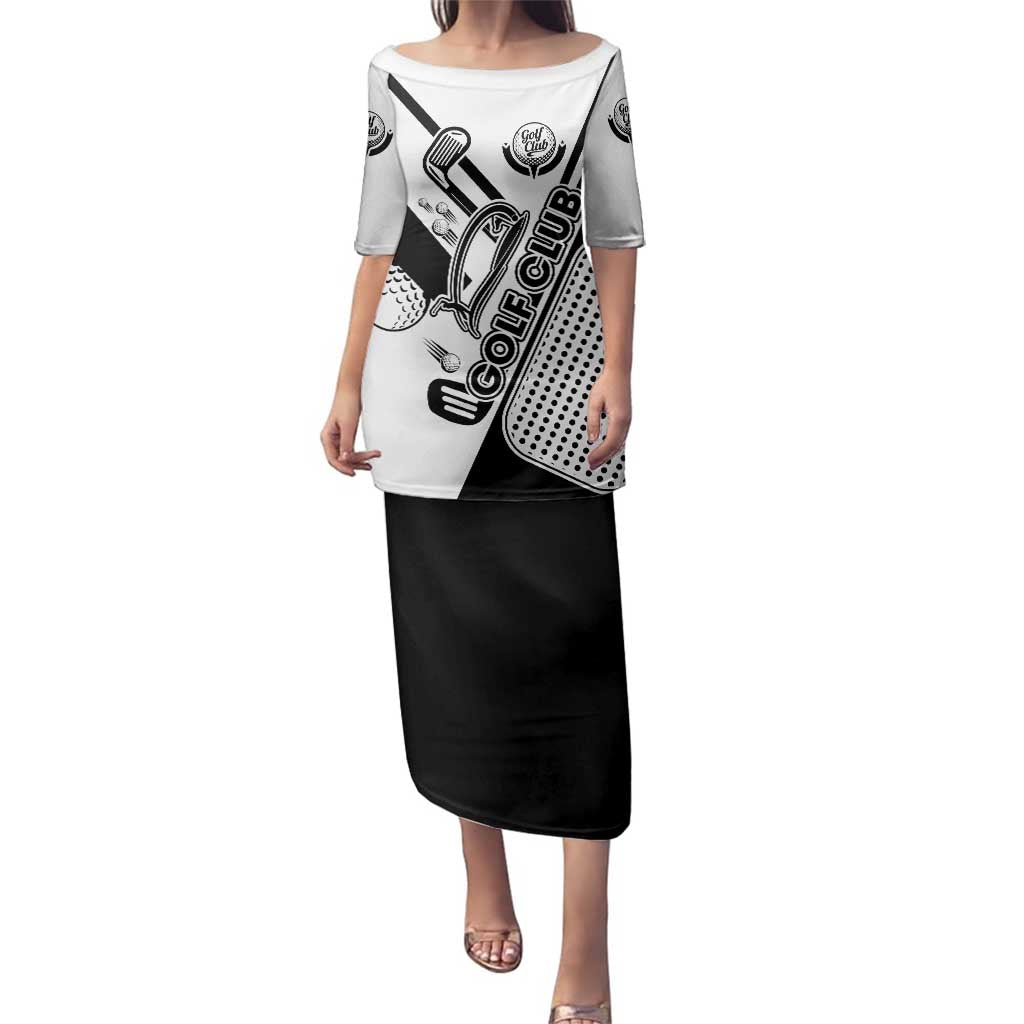 Golf Club Monochrome Design Family Matching Puletasi and Hawaiian Shirt with Golf Ball and Club Graphic and Custom Name Print - Wonder Print Shop