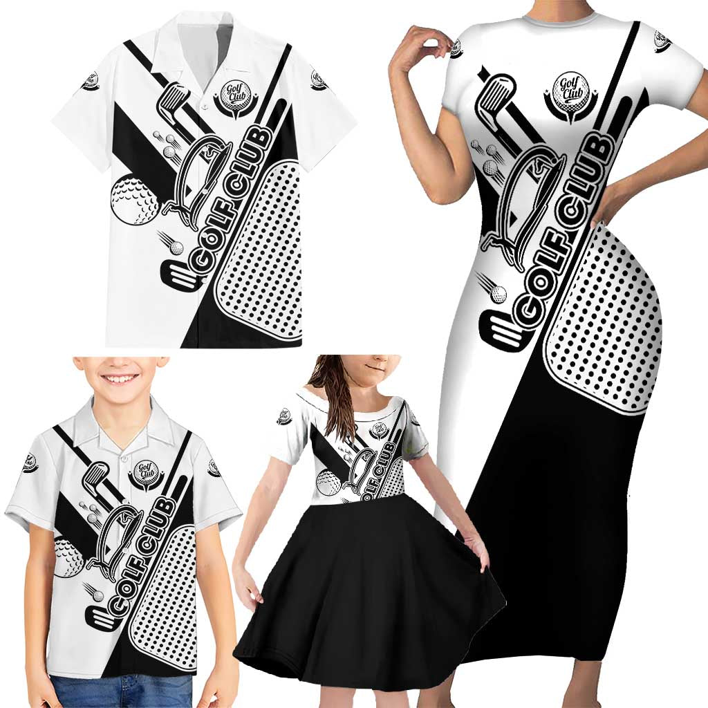 Golf Club Monochrome Design Family Matching Short Sleeve Bodycon Dress and Hawaiian Shirt with Golf Ball and Club Graphic and Custom Name Print - Wonder Print Shop