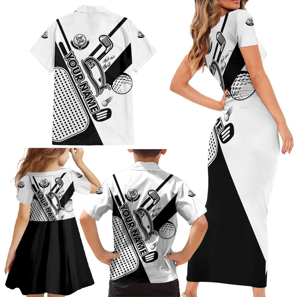 Golf Club Monochrome Design Family Matching Short Sleeve Bodycon Dress and Hawaiian Shirt with Golf Ball and Club Graphic and Custom Name Print - Wonder Print Shop