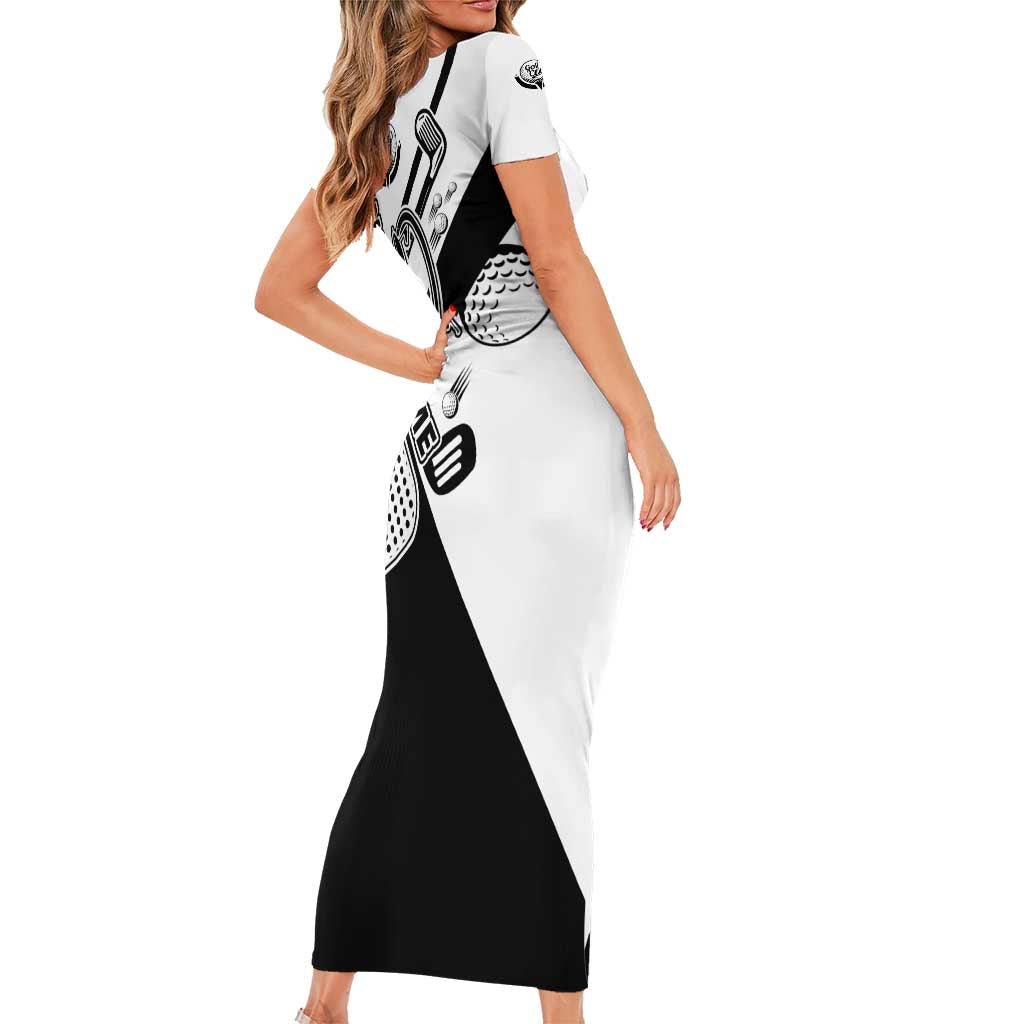 Golf Club Monochrome Design Family Matching Short Sleeve Bodycon Dress and Hawaiian Shirt with Golf Ball and Club Graphic and Custom Name Print - Wonder Print Shop