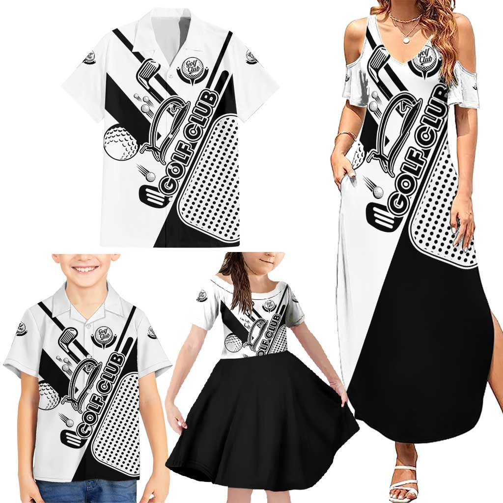 Golf Club Monochrome Design Family Matching Summer Maxi Dress and Hawaiian Shirt with Golf Ball and Club Graphic and Custom Name Print - Wonder Print Shop