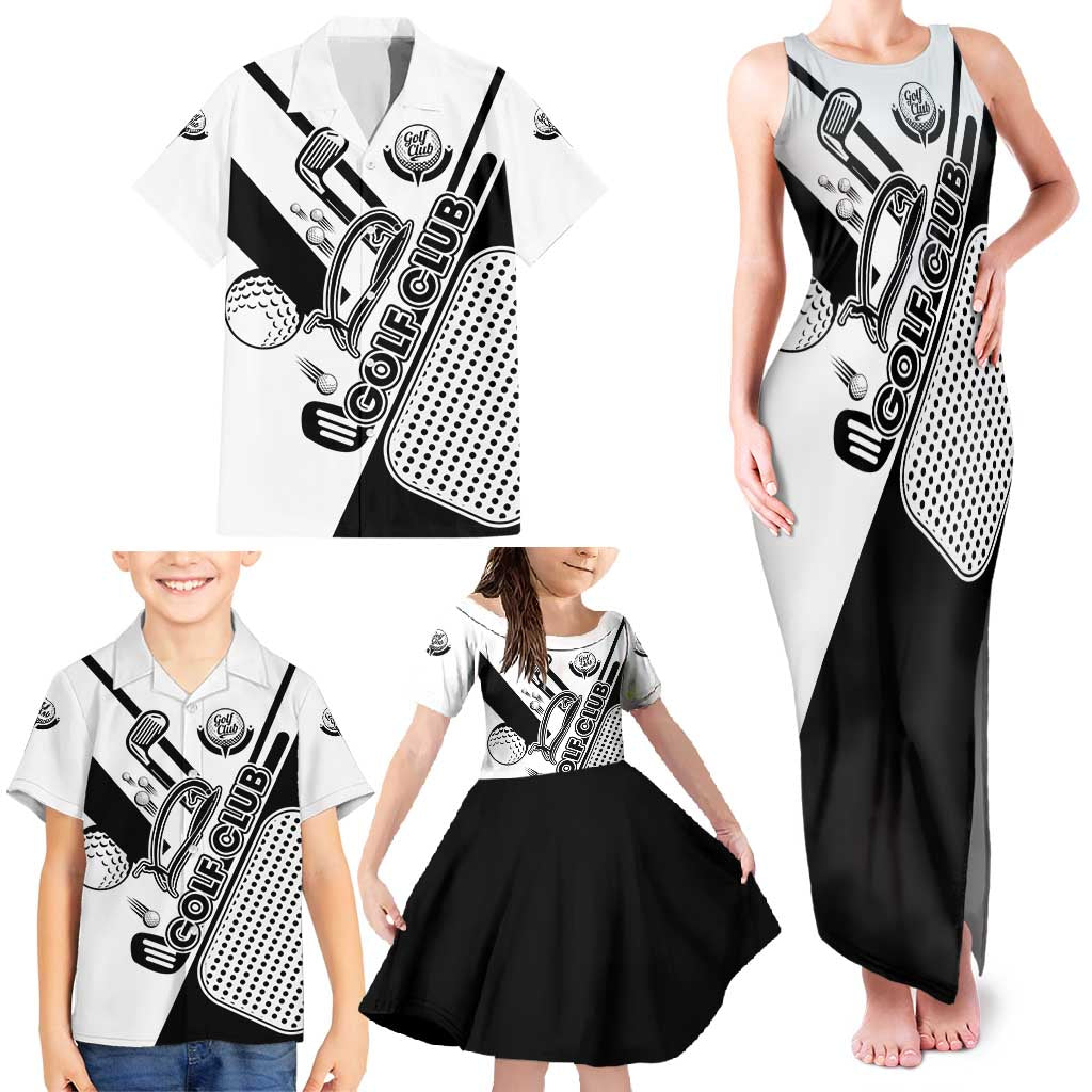 Golf Club Monochrome Design Family Matching Tank Maxi Dress and Hawaiian Shirt with Golf Ball and Club Graphic and Custom Name Print - Wonder Print Shop