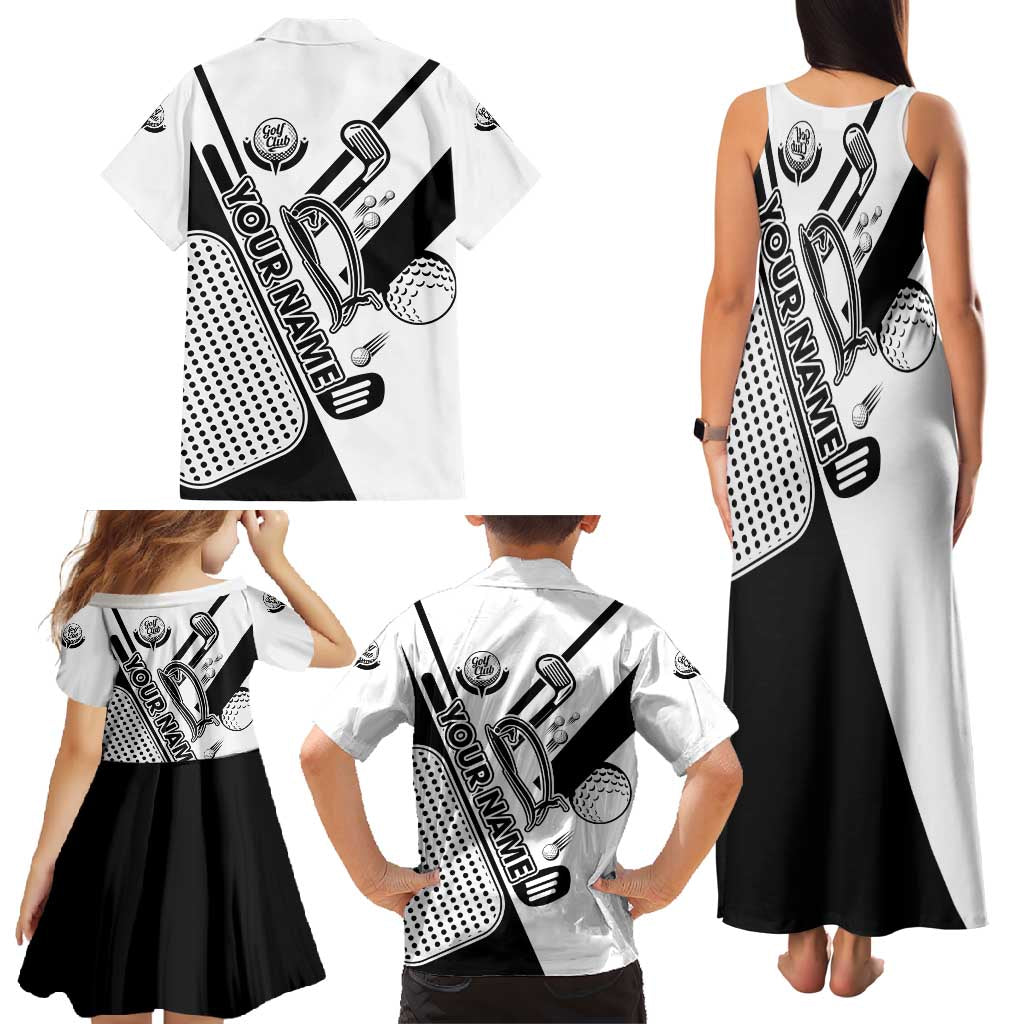 Golf Club Monochrome Design Family Matching Tank Maxi Dress and Hawaiian Shirt with Golf Ball and Club Graphic and Custom Name Print - Wonder Print Shop