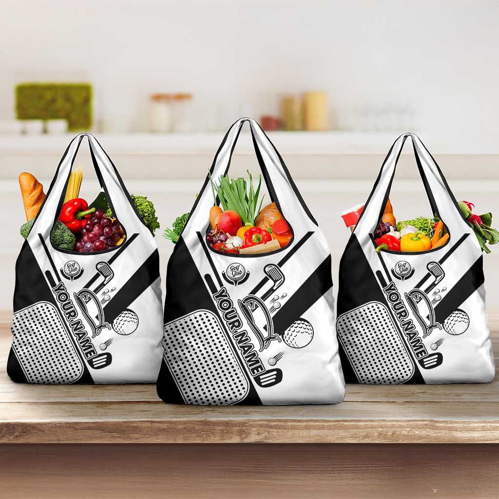 Golf Club Monochrome Design Grocery Bag with Golf Ball and Club Graphic and Custom Name Print - Wonder Print Shop