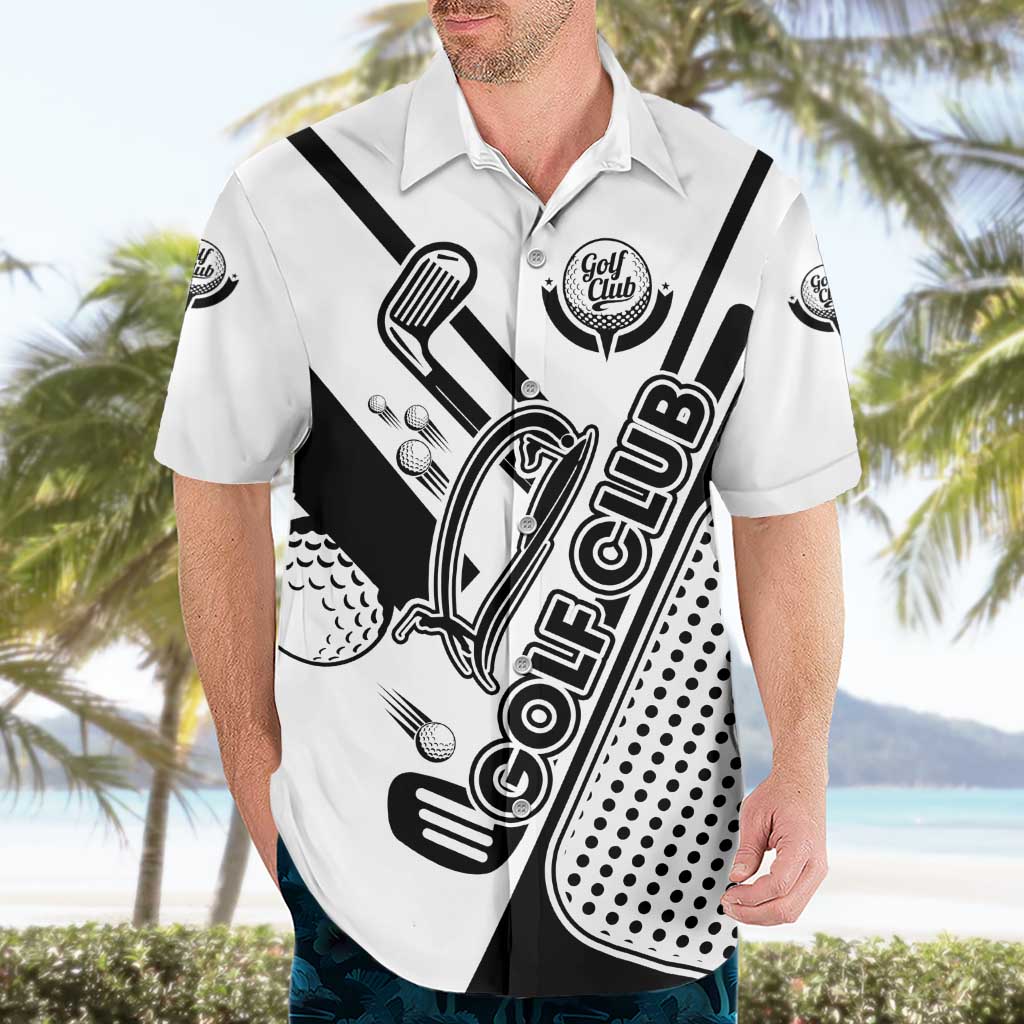 Golf Club Monochrome Design Hawaiian Shirt with Golf Ball and Club Graphic and Custom Name Print - Wonder Print Shop