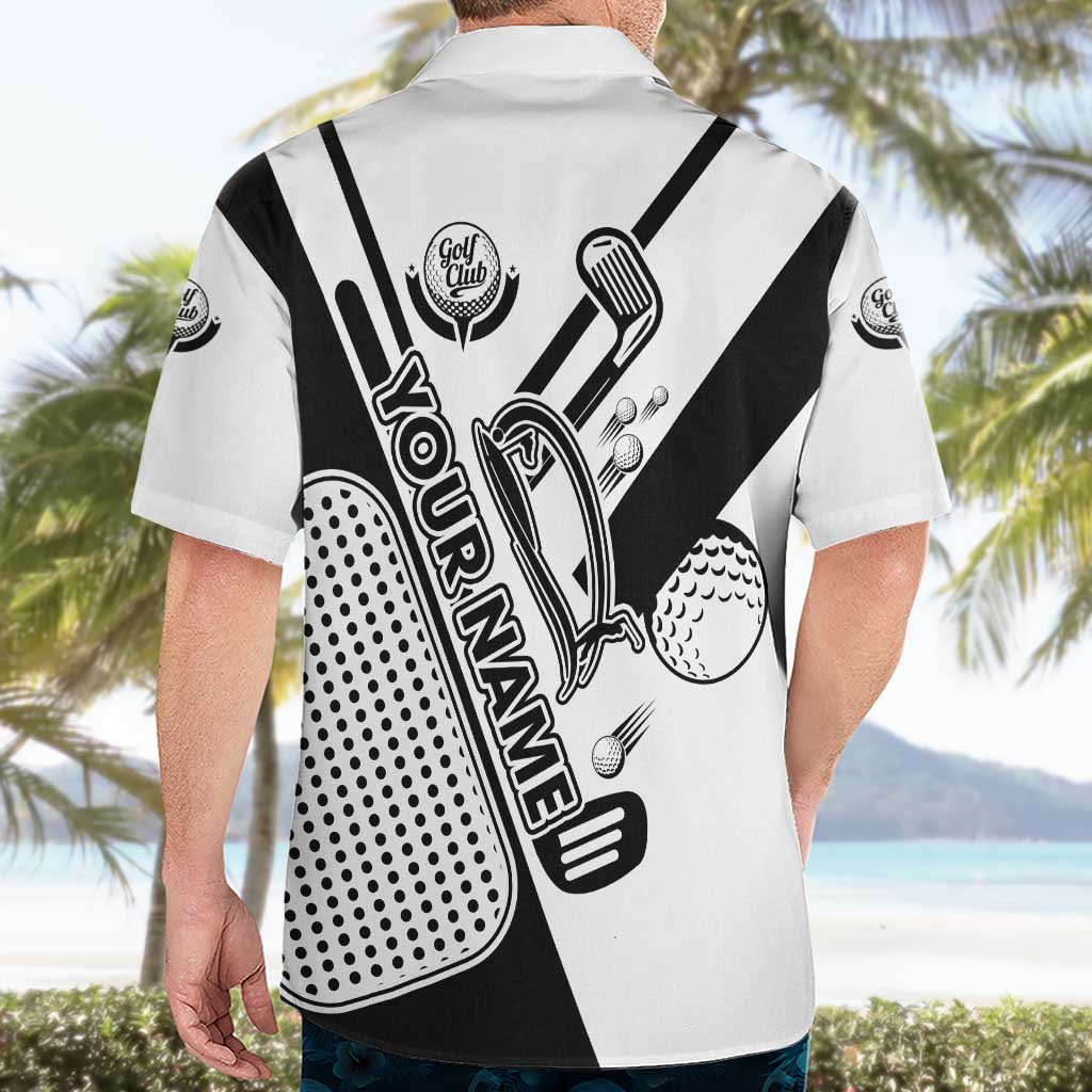 Golf Club Monochrome Design Hawaiian Shirt with Golf Ball and Club Graphic and Custom Name Print - Wonder Print Shop