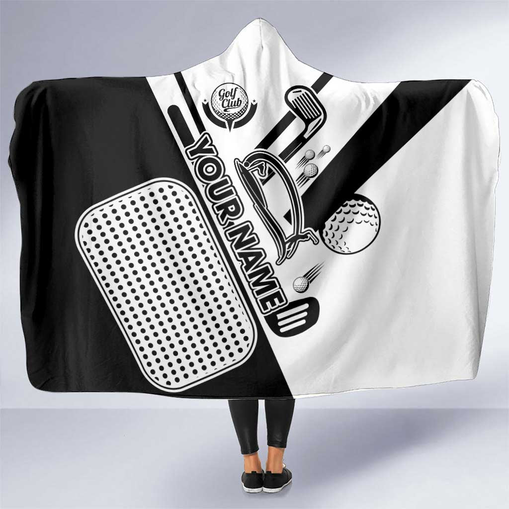 Golf Club Monochrome Design Hooded Blanket with Golf Ball and Club Graphic and Custom Name Print - Wonder Print Shop