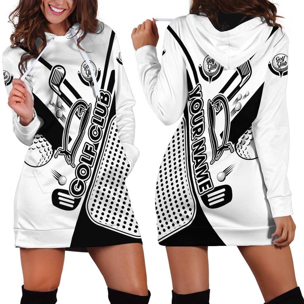 Golf Club Monochrome Design Hoodie Dress with Golf Ball and Club Graphic and Custom Name Print - Wonder Print Shop