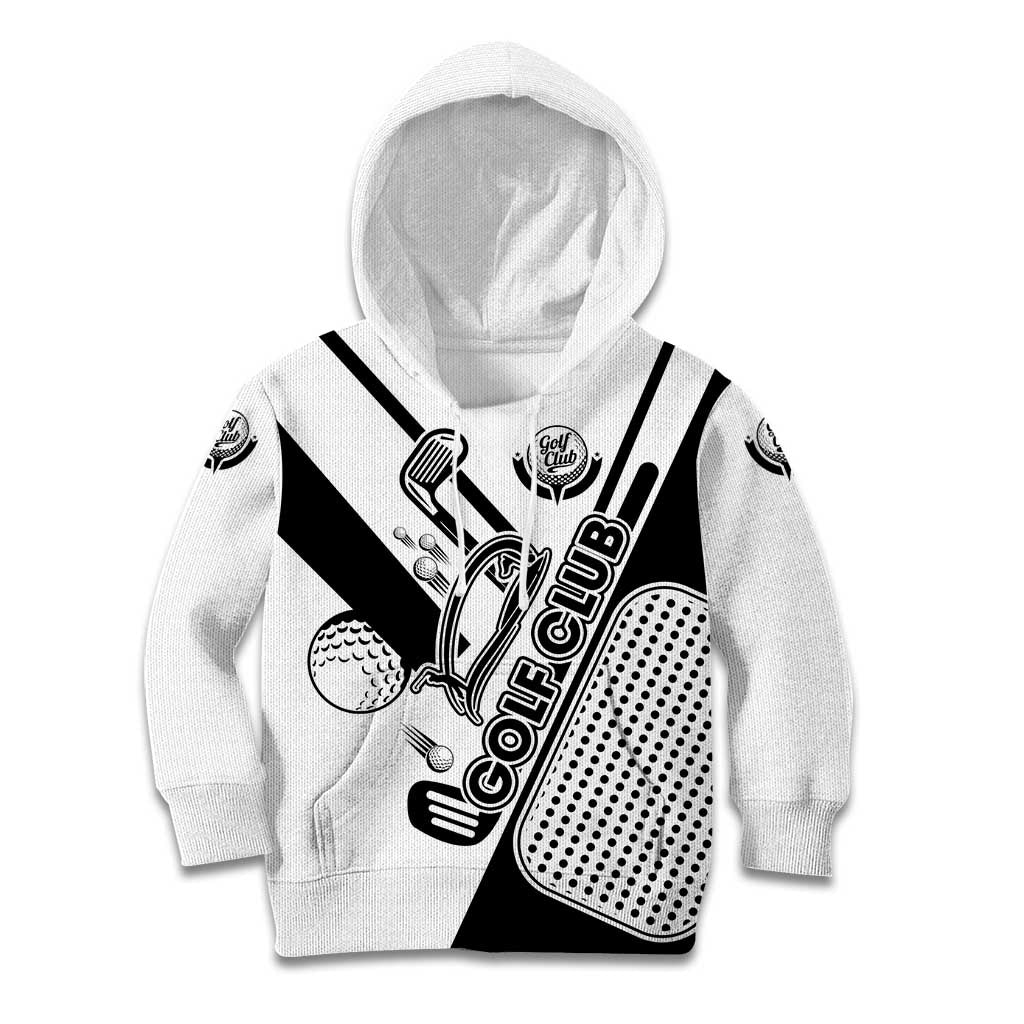 Golf Club Monochrome Design Kid Hoodie with Golf Ball and Club Graphic and Custom Name Print - Wonder Print Shop