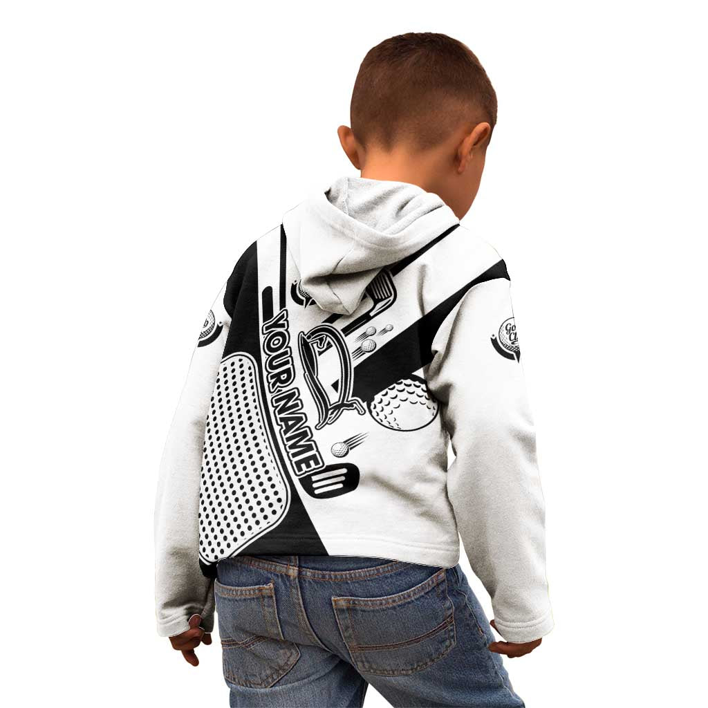 Golf Club Monochrome Design Kid Hoodie with Golf Ball and Club Graphic and Custom Name Print - Wonder Print Shop