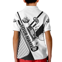 Golf Club Monochrome Design Kid Polo Shirt with Golf Ball and Club Graphic and Custom Name Print - Wonder Print Shop