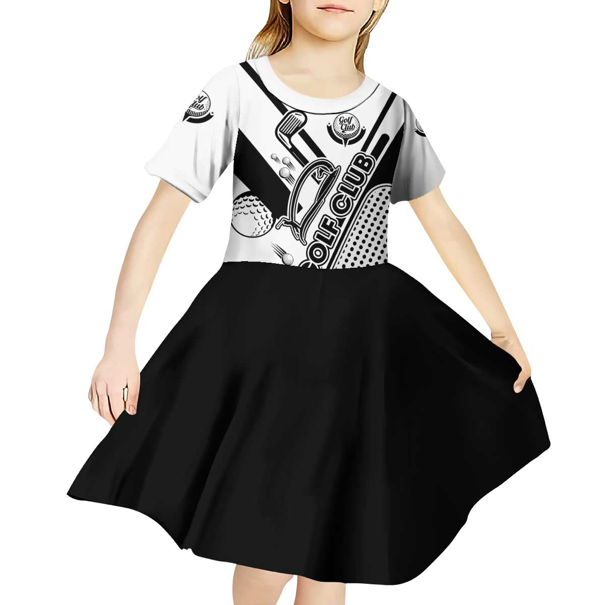 Golf Club Monochrome Design Kid Short Sleeve Dress with Golf Ball and Club Graphic and Custom Name Print - Wonder Print Shop