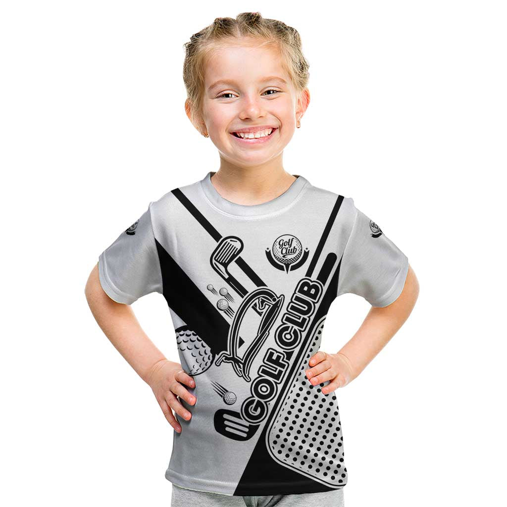 Golf Club Monochrome Design Kid T Shirt with Golf Ball and Club Graphic and Custom Name Print - Wonder Print Shop