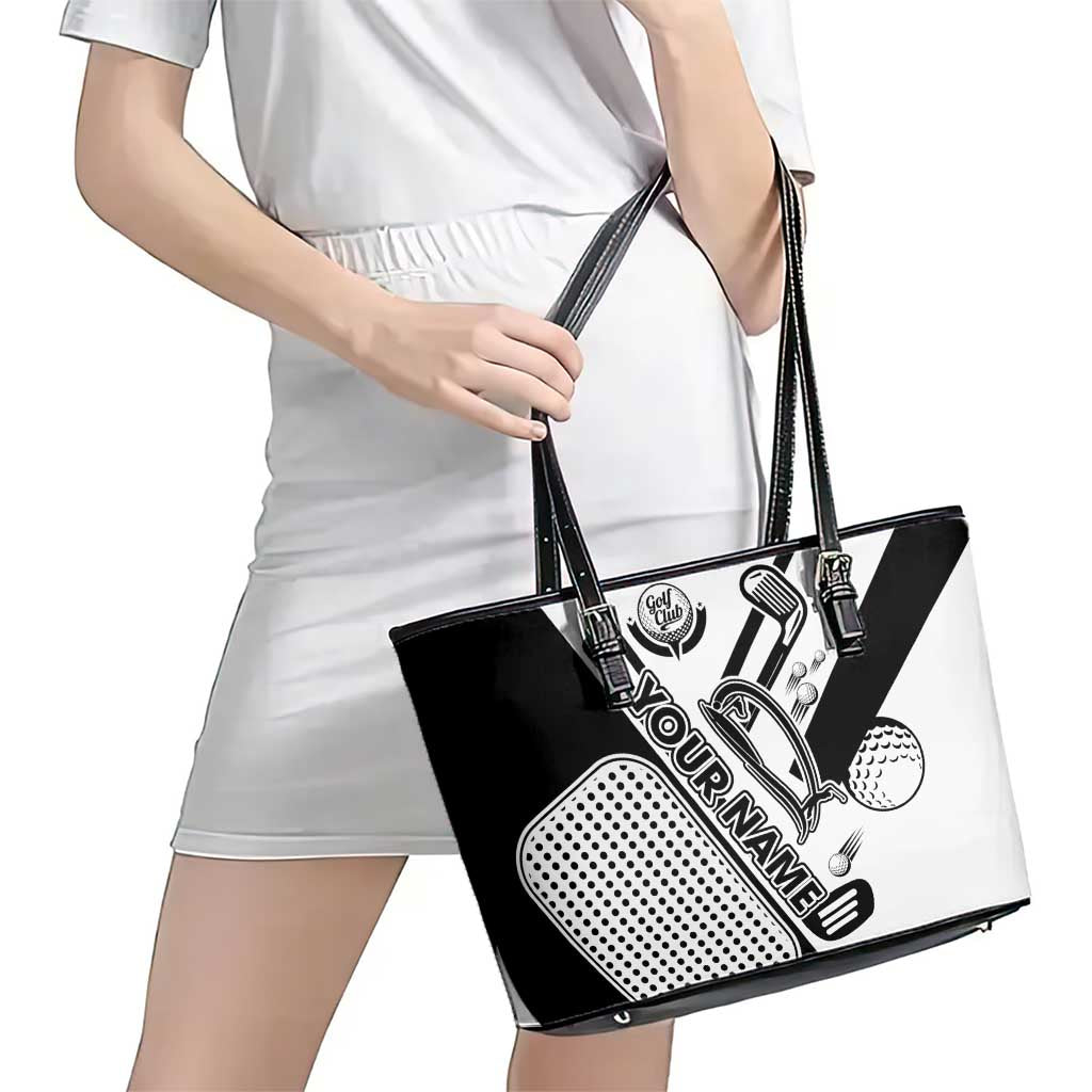 Golf Club Monochrome Design Leather Tote Bag with Golf Ball and Club Graphic and Custom Name Print - Wonder Print Shop