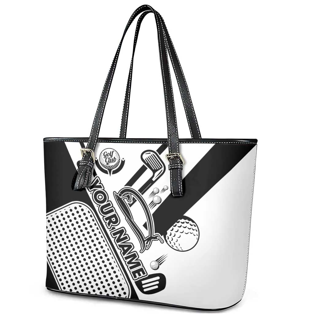 Golf Club Monochrome Design Leather Tote Bag with Golf Ball and Club Graphic and Custom Name Print - Wonder Print Shop