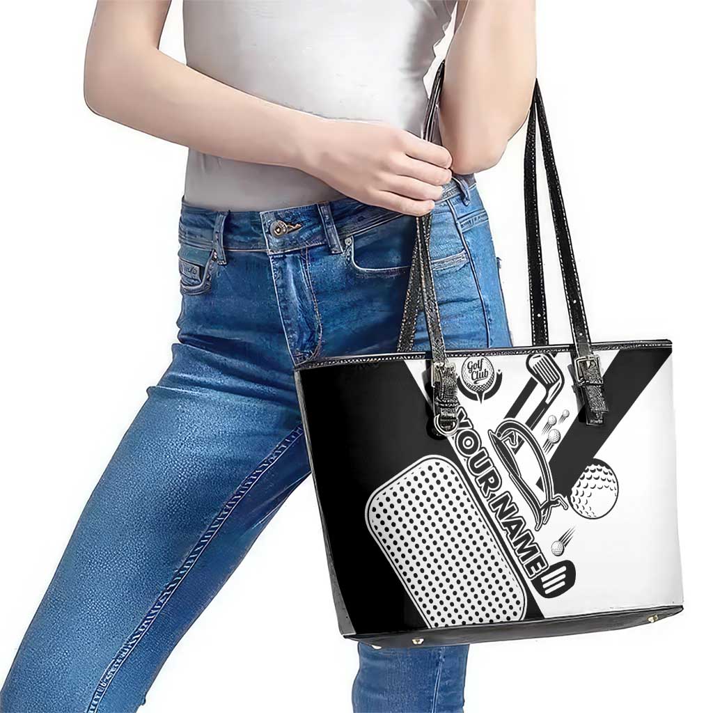 Golf Club Monochrome Design Leather Tote Bag with Golf Ball and Club Graphic and Custom Name Print - Wonder Print Shop