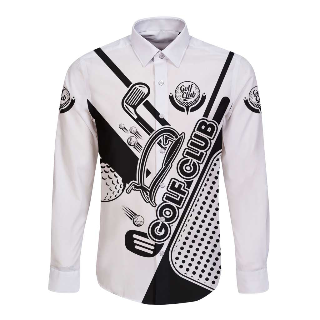Golf Club Monochrome Design Long Sleeve Button Shirt with Golf Ball and Club Graphic and Custom Name Print - Wonder Print Shop