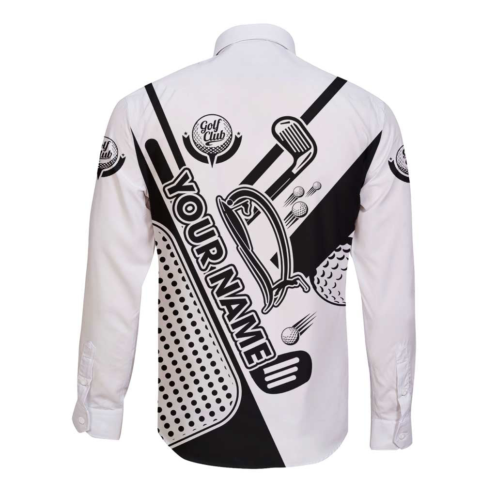 Golf Club Monochrome Design Long Sleeve Button Shirt with Golf Ball and Club Graphic and Custom Name Print - Wonder Print Shop
