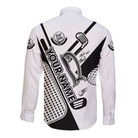 Golf Club Monochrome Design Long Sleeve Button Shirt with Golf Ball and Club Graphic and Custom Name Print - Wonder Print Shop