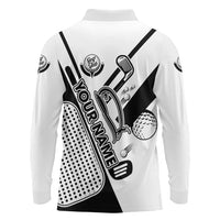 Golf Club Monochrome Design Long Sleeve Polo Shirt with Golf Ball and Club Graphic and Custom Name Print - Wonder Print Shop