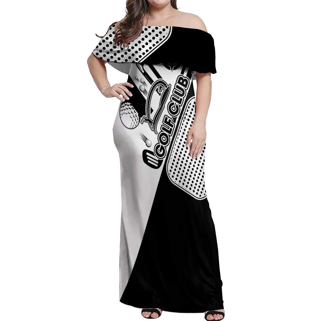 Golf Club Monochrome Design Off Shoulder Maxi Dress with Golf Ball and Club Graphic and Custom Name Print - Wonder Print Shop