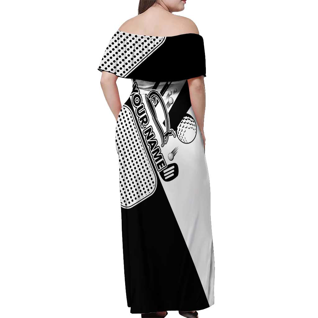 Golf Club Monochrome Design Off Shoulder Maxi Dress with Golf Ball and Club Graphic and Custom Name Print - Wonder Print Shop
