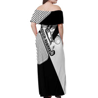 Golf Club Monochrome Design Off Shoulder Maxi Dress with Golf Ball and Club Graphic and Custom Name Print - Wonder Print Shop
