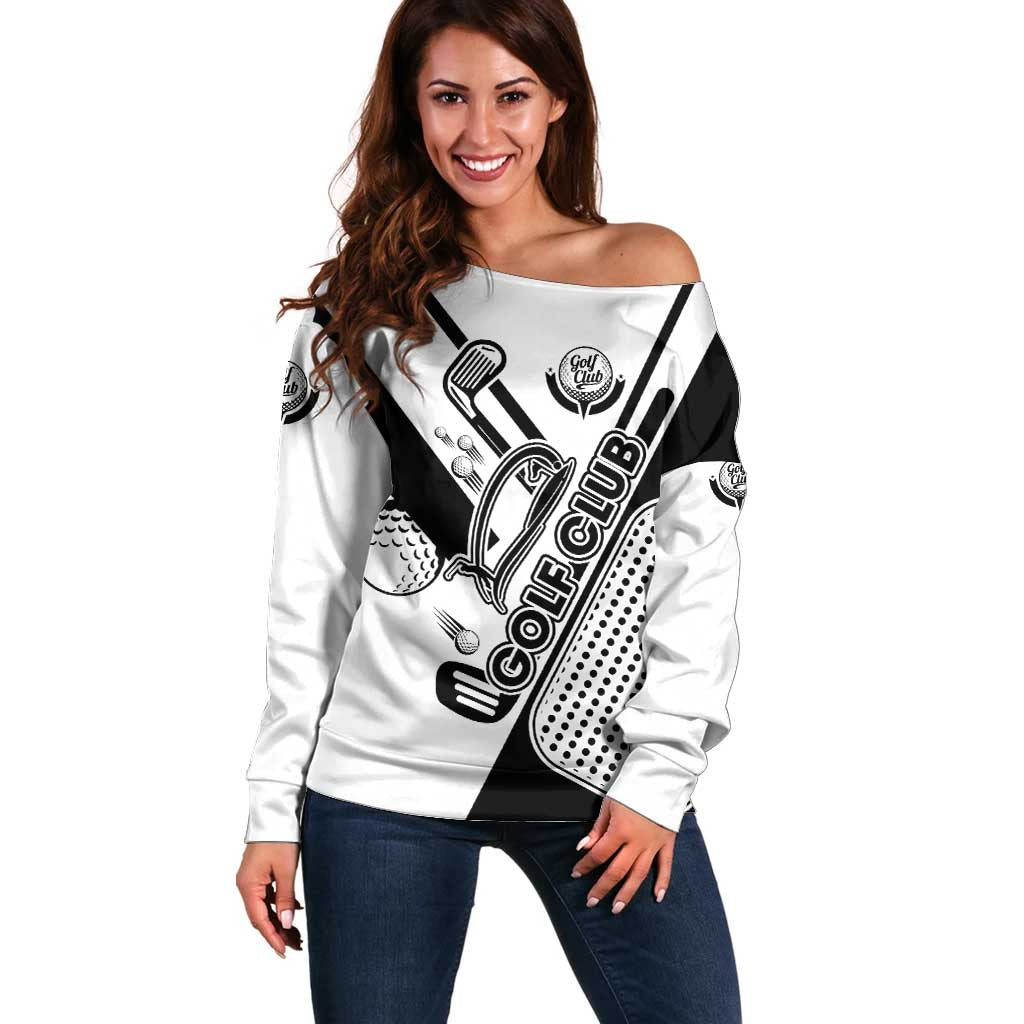Golf Club Monochrome Design Off Shoulder Sweater with Golf Ball and Club Graphic and Custom Name Print - Wonder Print Shop