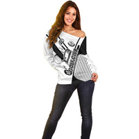 Golf Club Monochrome Design Off Shoulder Sweater with Golf Ball and Club Graphic and Custom Name Print - Wonder Print Shop